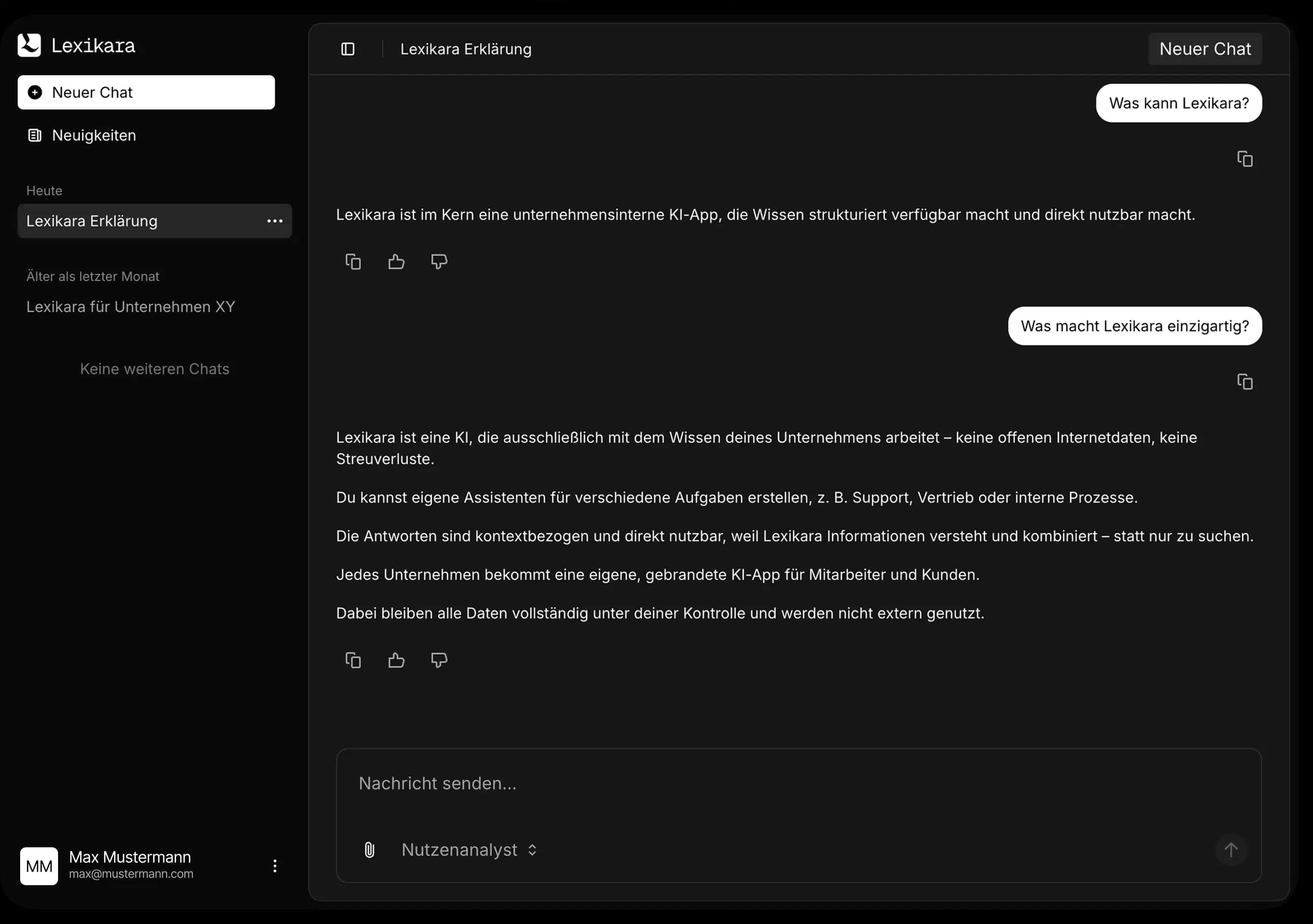 Mockup of Lexikara's AI assistant in action